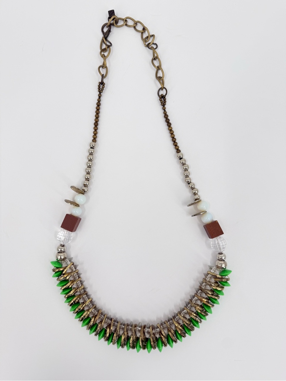 Pam Hiran Statement Necklace Coil Beads Green Clear Glass Gold Beads Silver Gold